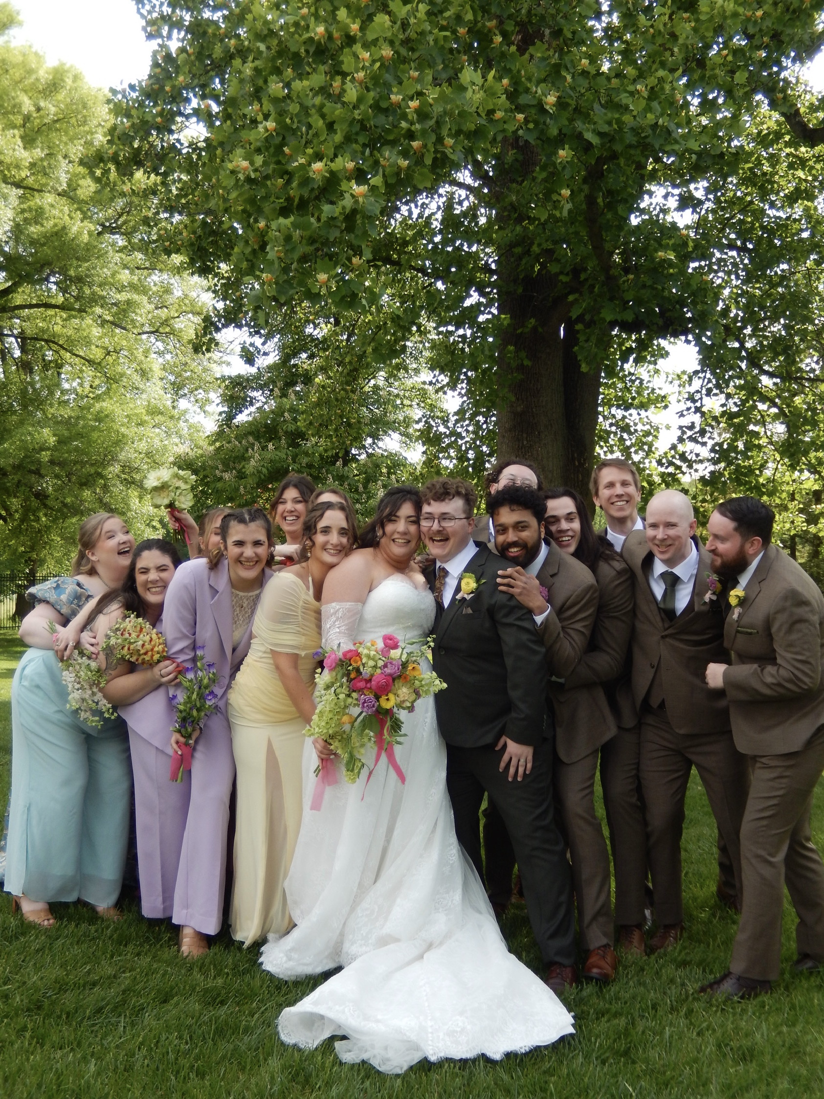 Bride and groom with groomsmen and bridesmaids at a Belmont Manor wedding